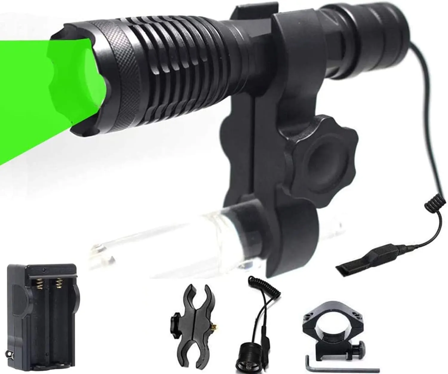 XLENTGEN Green Light Flashlight,650 Yard Greeny Hunting Light Zoomable Green LED Flashlight with Pressure Switch Rail Mount & Scope Mount for Coyote Hog Varmint Coon Night Hunting