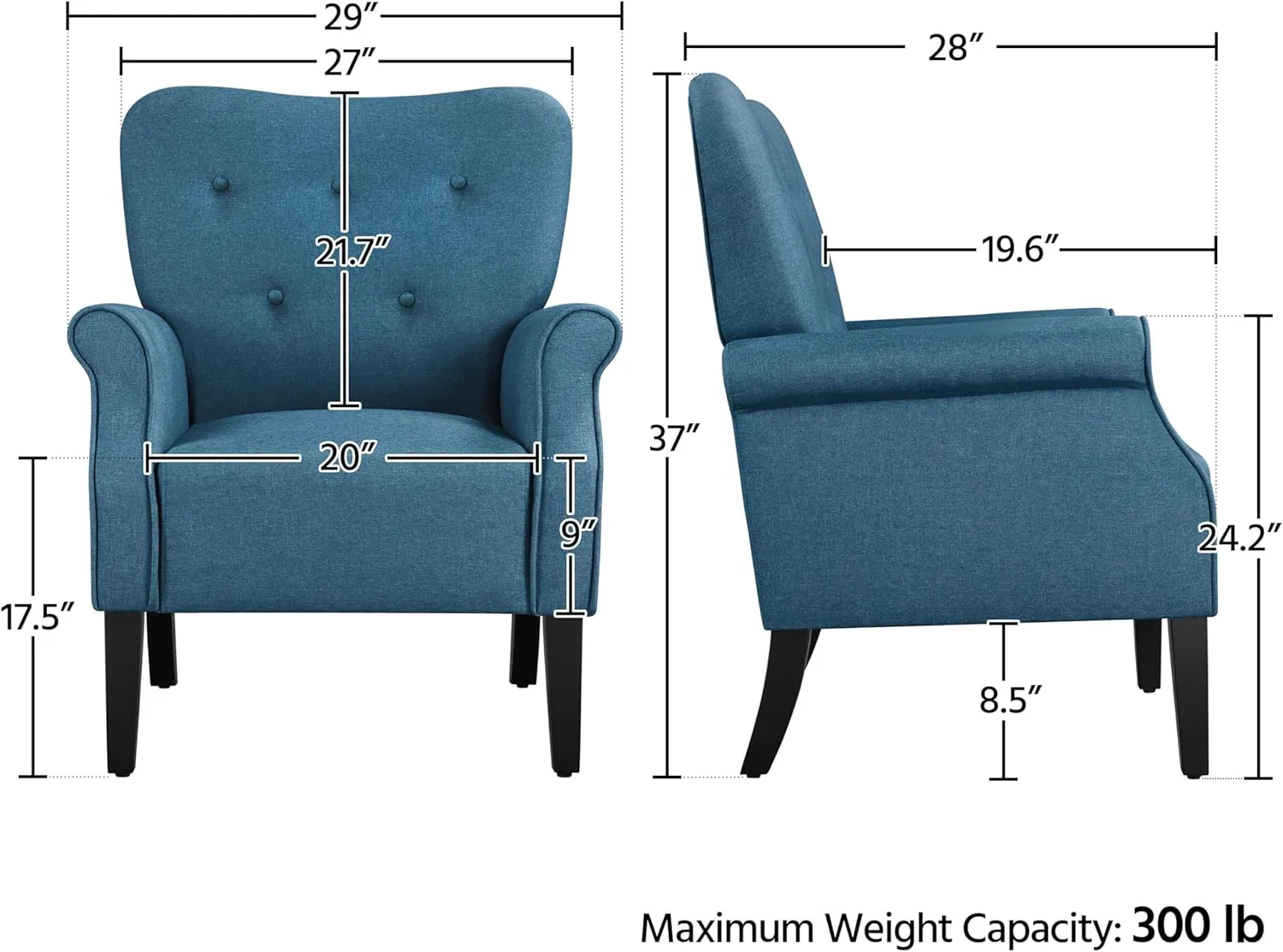 Yaheetech Modern Armchair, Mid Century Accent Chair with Sturdy Wood Legs and High Back for Small Space, Upholstered Fabric Sofa Club Chair for Living Room/Bedroom/Office, Navy Blue