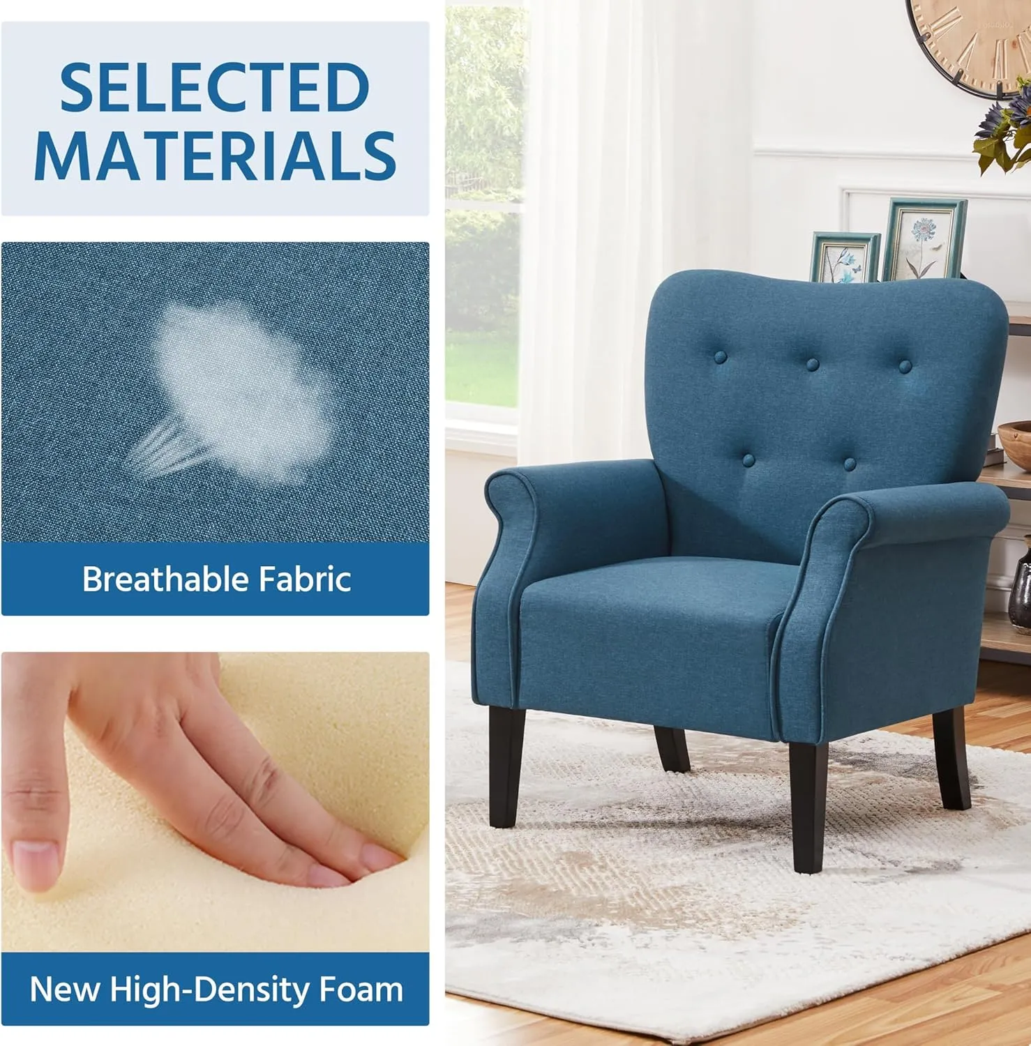 Yaheetech Modern Armchair, Mid Century Accent Chair with Sturdy Wood Legs and High Back for Small Space, Upholstered Fabric Sofa Club Chair for Living Room/Bedroom/Office, Navy Blue