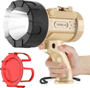 YIERBLUE Rechargeable Spotlight 1000 Lumen LED, IP67 Waterproof Handheld Flashlight, 3 Adaptable Settings Spot Light with Red Filter