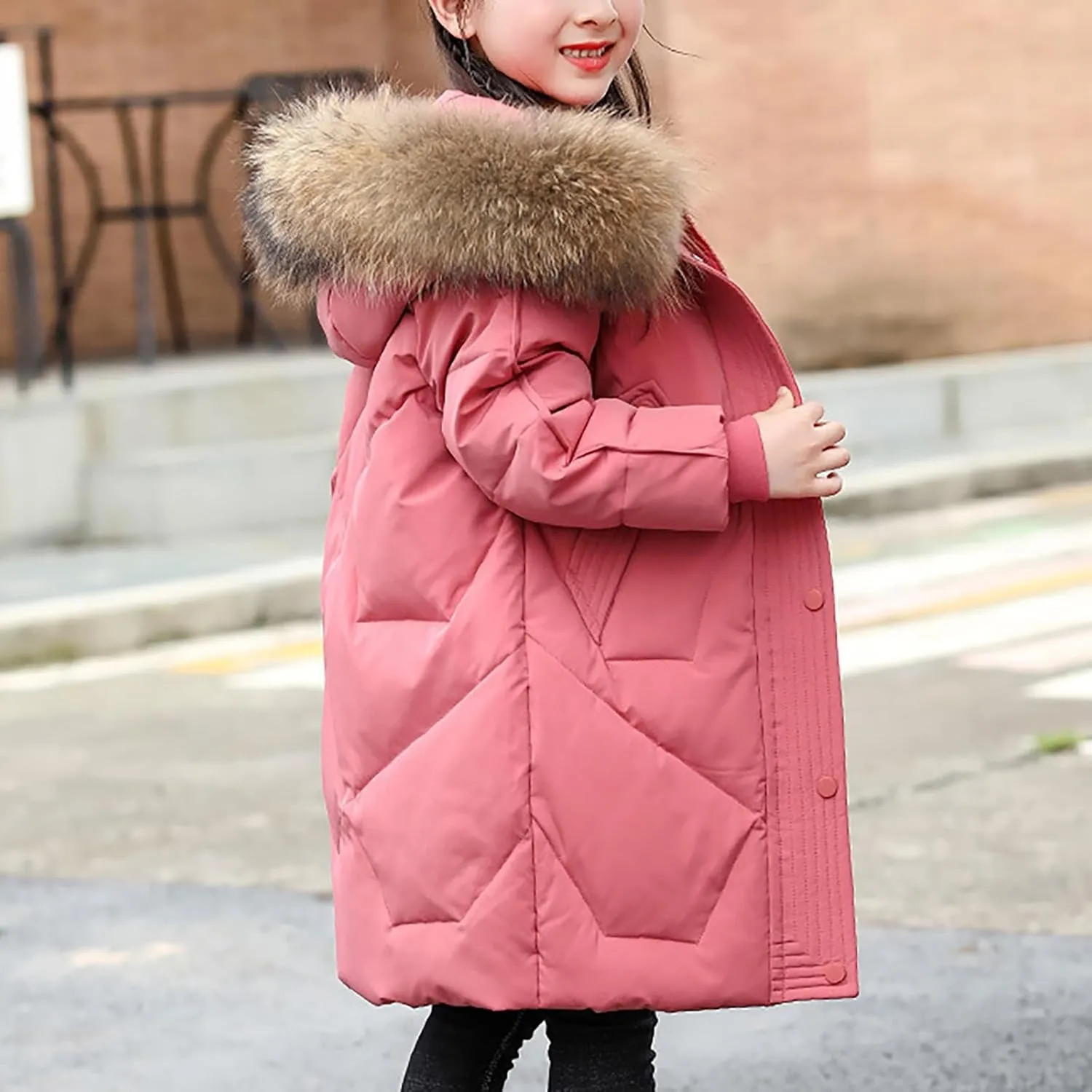 Youth Girls Long Heavyweight Puffer Jacket with Fur Hood Winter Coat Kids Thicken Padded Down Coat Snow Ski Jacket