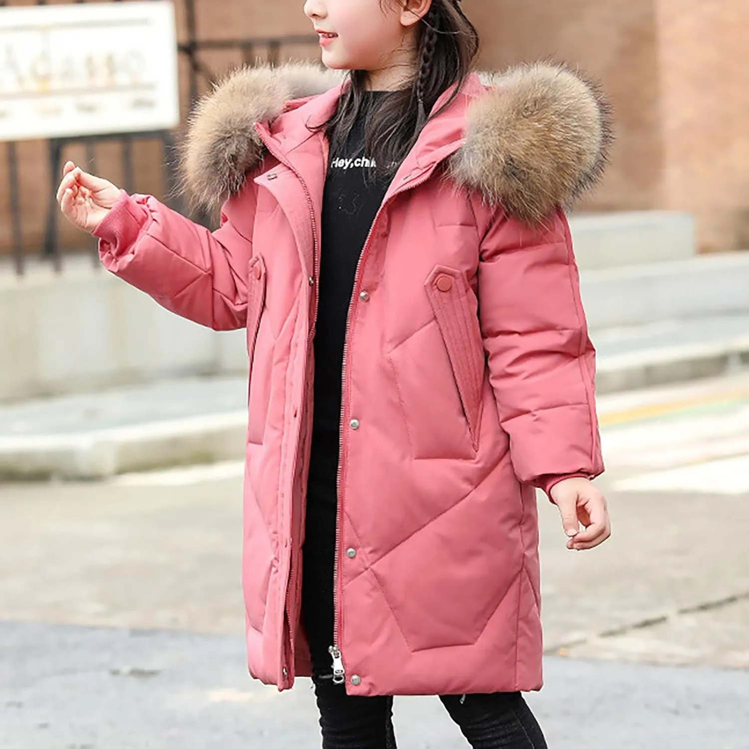 Youth Girls Long Heavyweight Puffer Jacket with Fur Hood Winter Coat Kids Thicken Padded Down Coat Snow Ski Jacket