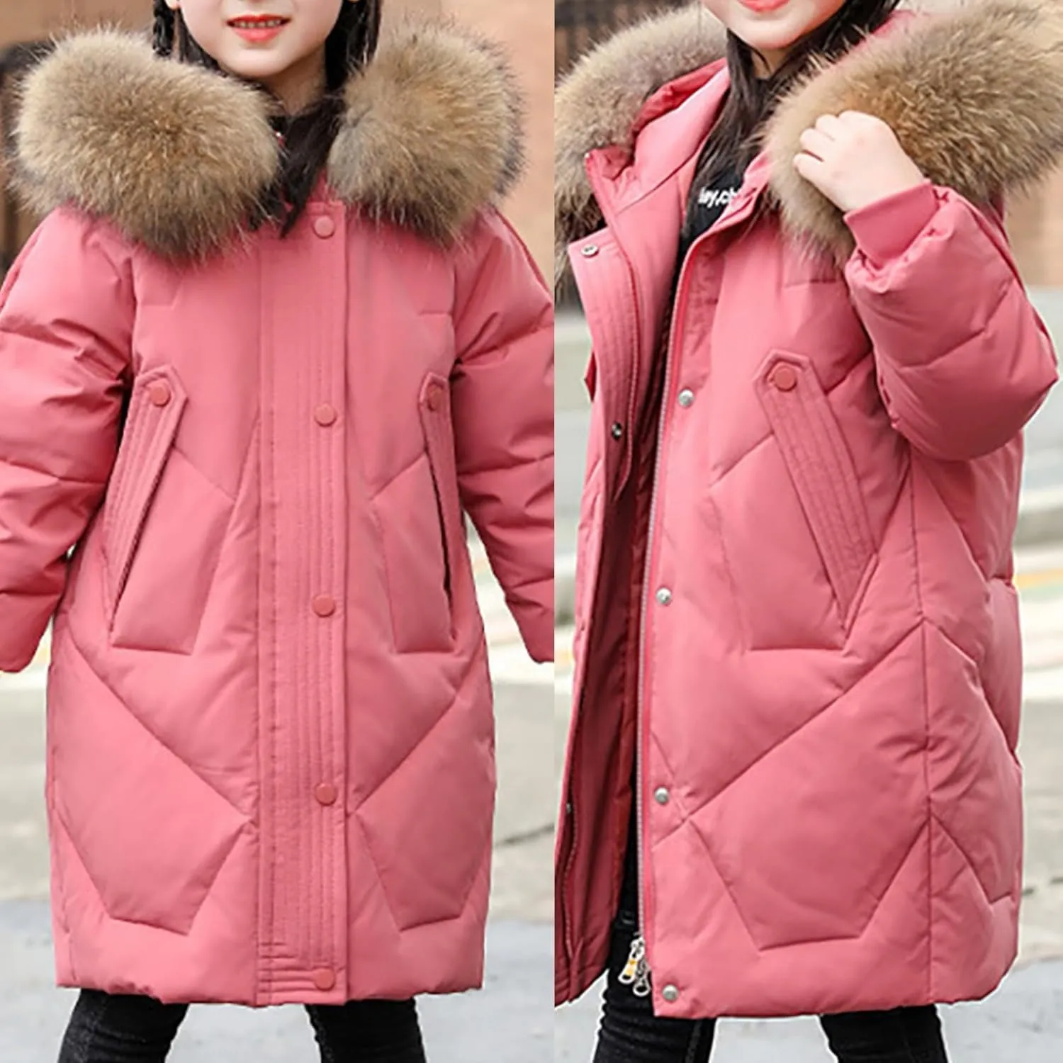Youth Girls Long Heavyweight Puffer Jacket with Fur Hood Winter Coat Kids Thicken Padded Down Coat Snow Ski Jacket