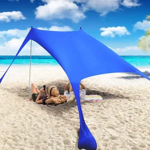 YUEWO Beach Canopy Sun Shade with UPF 50  UV Protection, Beach Tent Sun Shelter with Sandbags, Poles and Ground Pegs, Anti-Wind Ropes, Outdoor Pop Up Tent for Camping, Backyard and Picnics