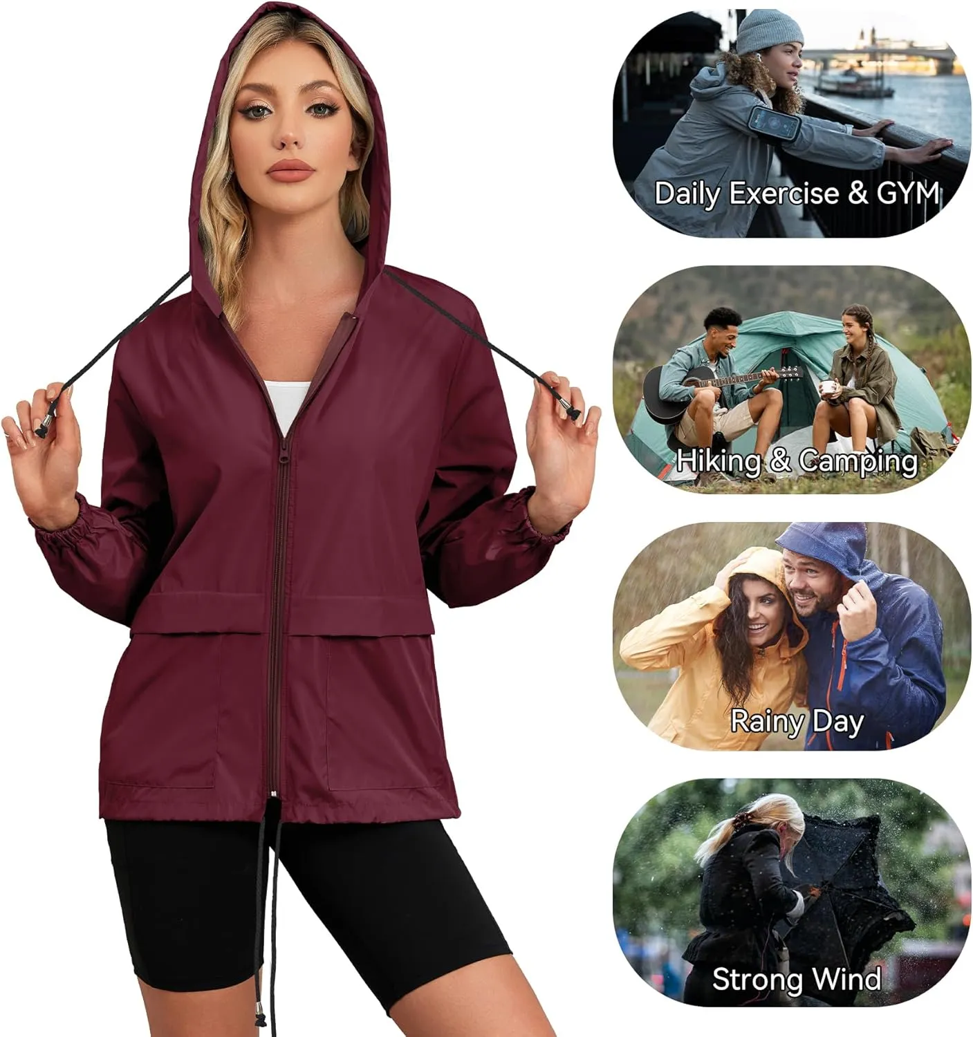 Zando Packable Rain Jacket Women Lightweight Raincoat Hood Women's Raincoats with Pocket Out Windbreaker Jacket Waterproof