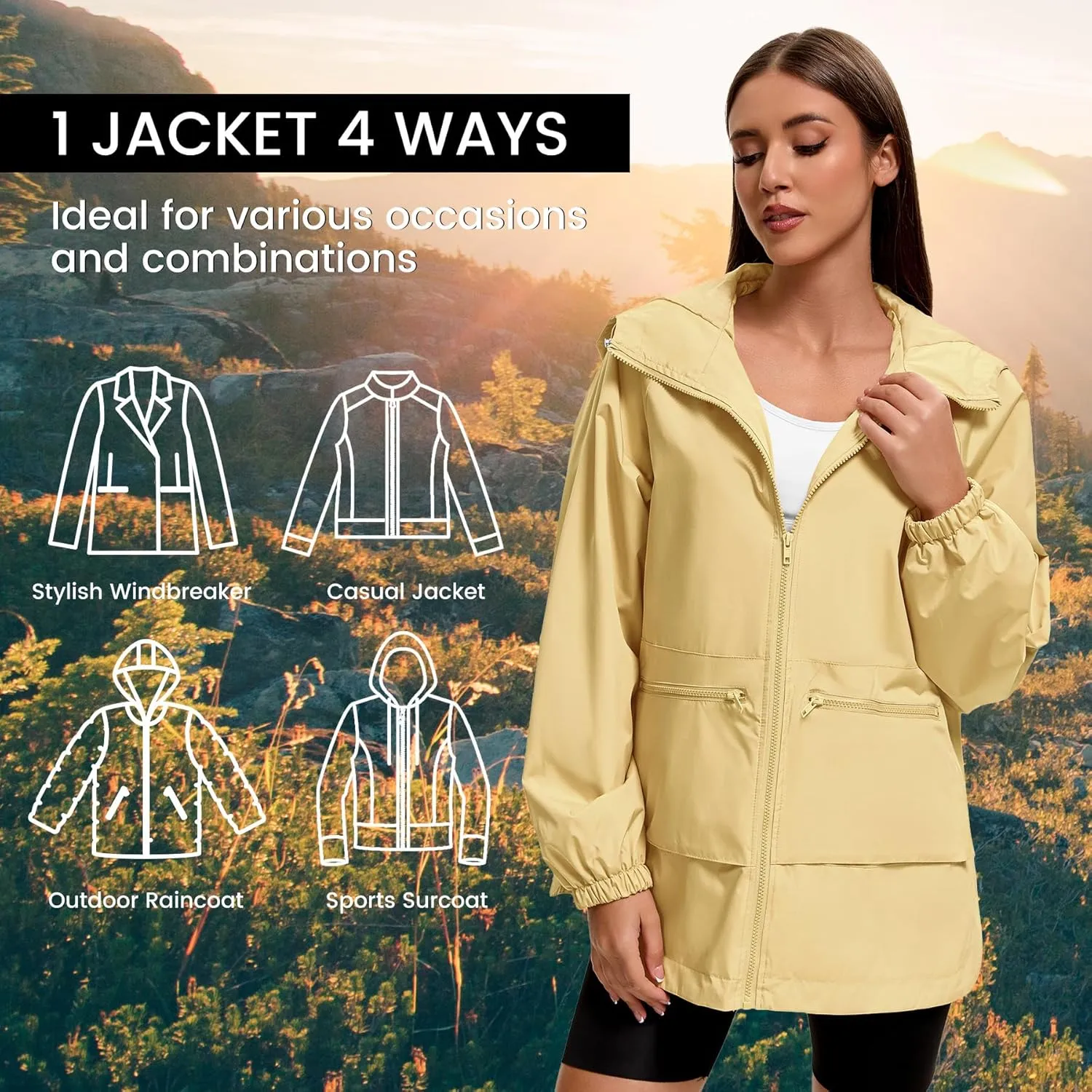 Zando Rain Jacket for Women Waterproof Lightweight Raincoat with Hood Packable Windbreaker with Pockets for Outdoor