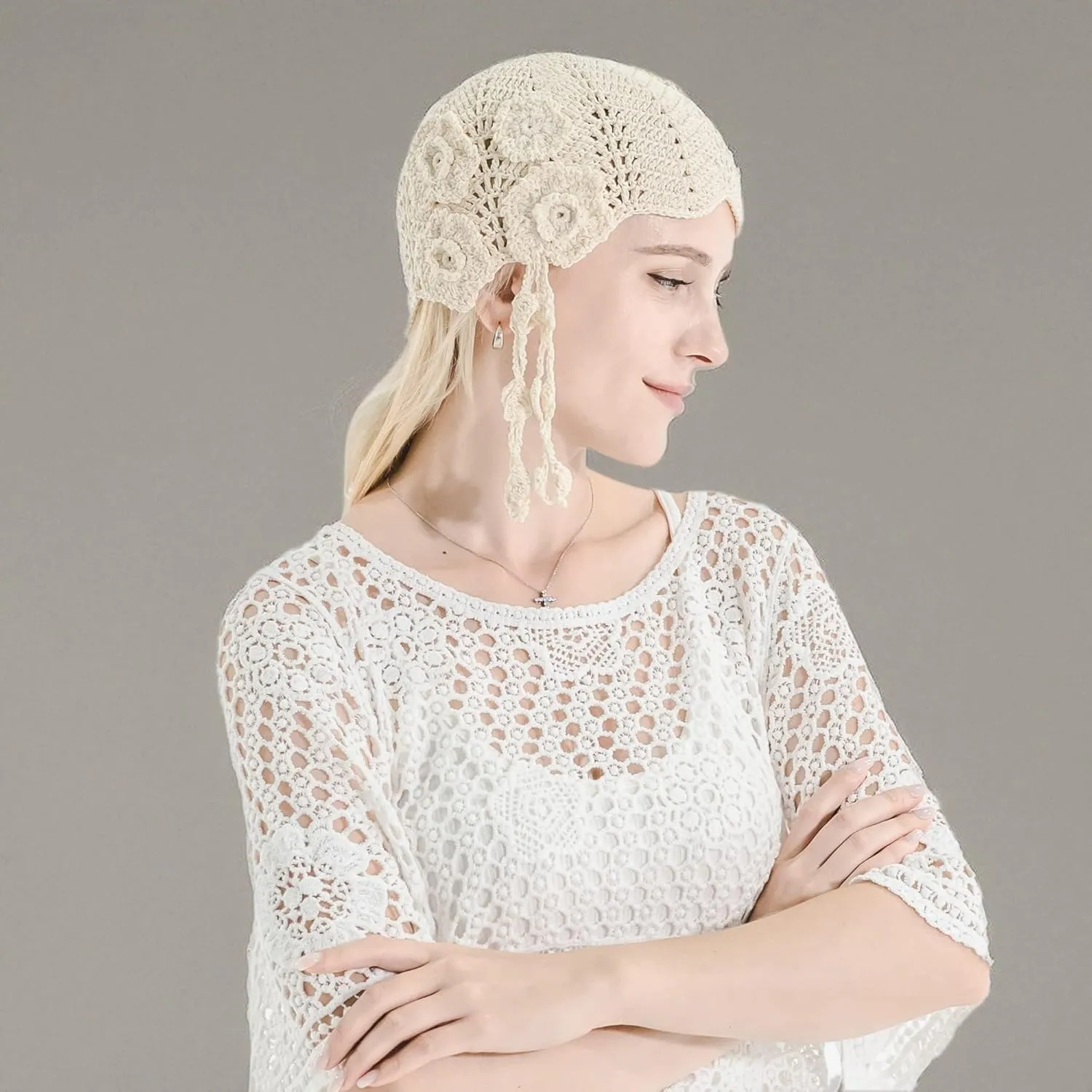 ZLYC Women Cotton Crochet Skull Cap Handmade Knit Cutout Floral Beanie Hat