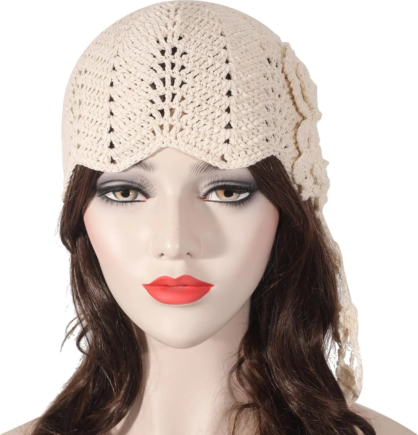 ZLYC Women Cotton Crochet Skull Cap Handmade Knit Cutout Floral Beanie Hat