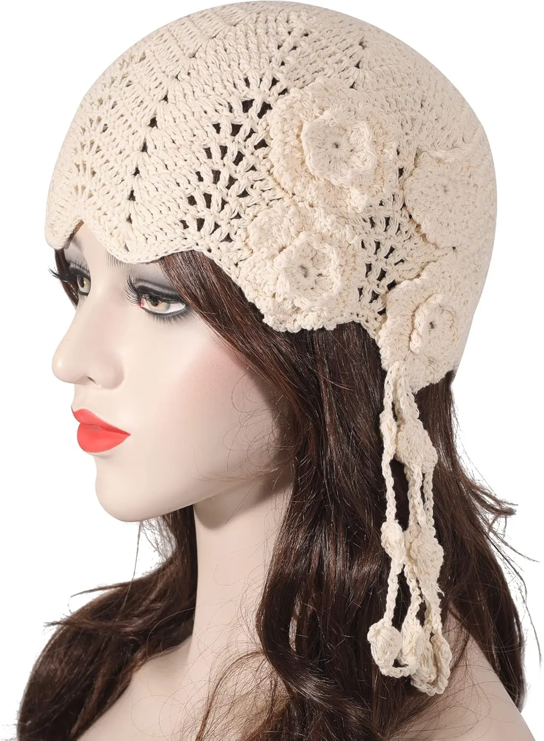 ZLYC Women Cotton Crochet Skull Cap Handmade Knit Cutout Floral Beanie Hat