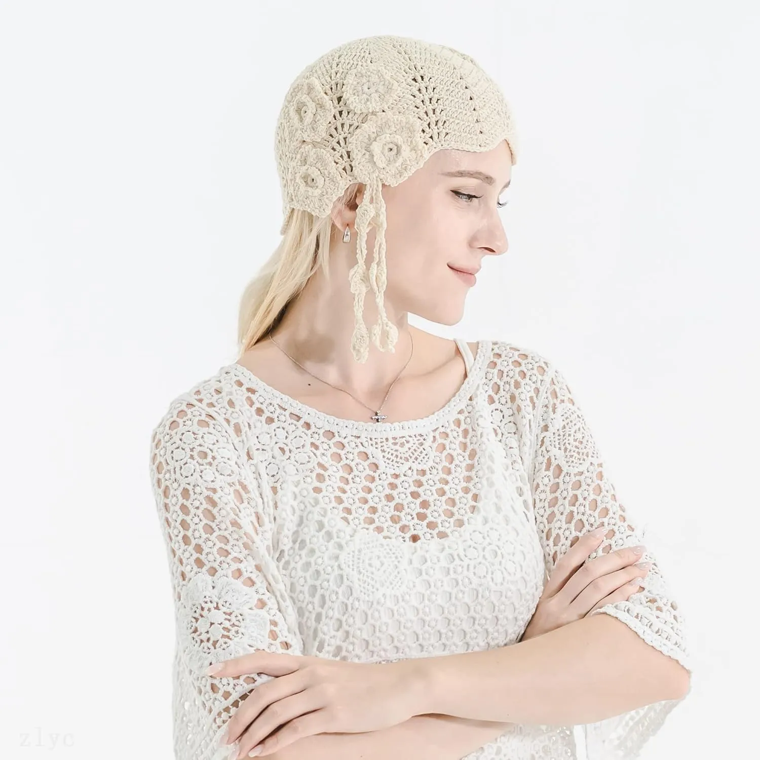 ZLYC Women Cotton Crochet Skull Cap Handmade Knit Cutout Floral Beanie Hat