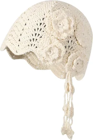 ZLYC Women Cotton Crochet Skull Cap Handmade Knit Cutout Floral Beanie Hat