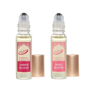 Zoha Perfumes Amber Bloom & Rose Bloom Perfume Oil Roll On Bundle, Alcohol-Free, Elegant and Floral Fragrances for Women & Men