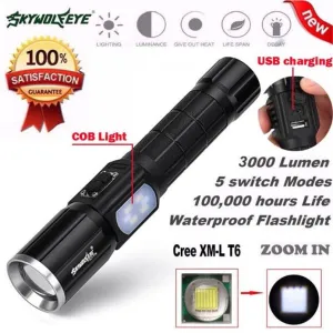 Zoomable 5Modes 3000LM Flashlight Torch USB Rechargeable T6 COB LED Flashlight Use 1x18650 Battery Bicycle Light 40OT16