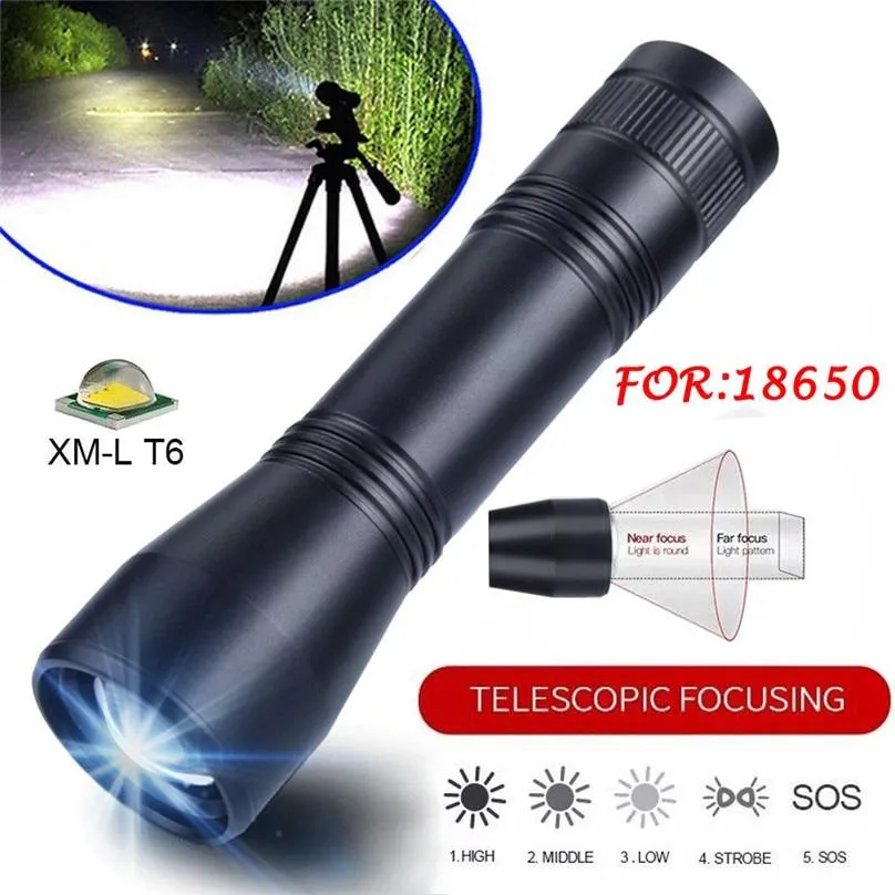 Zoomable T6 LED Flashlight Torch Mini Portable Camping Flashlight For 18650 Battery 5 Modes Bike Light LED Bycicle Light 30OT09