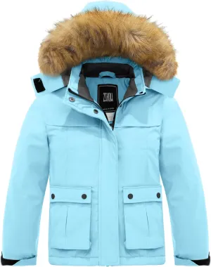 ZSHOW Girls' Ski Jacket Waterproof Warm Winter Coat Fleece Hooded Raincoat with Detachable Hood