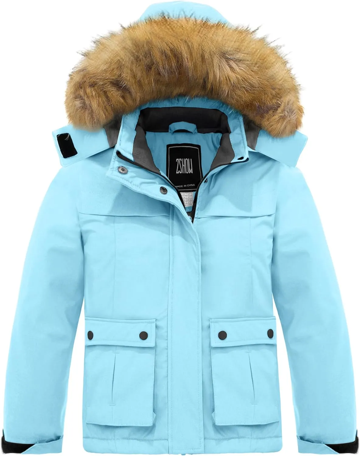 ZSHOW Girls' Ski Jacket Waterproof Warm Winter Coat Fleece Hooded Raincoat with Detachable Hood