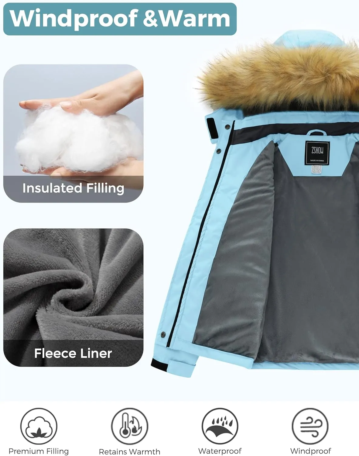 ZSHOW Girls' Ski Jacket Waterproof Warm Winter Coat Fleece Hooded Raincoat with Detachable Hood