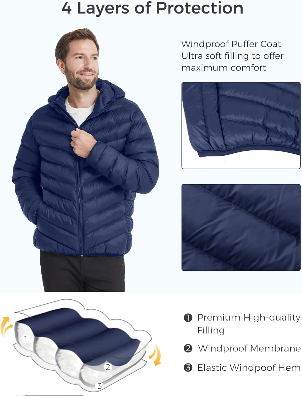 ZSHOW Men's Packable Puffer Jacket Hooded Lightweight Winter Coat for Travel Outdoor Hiking