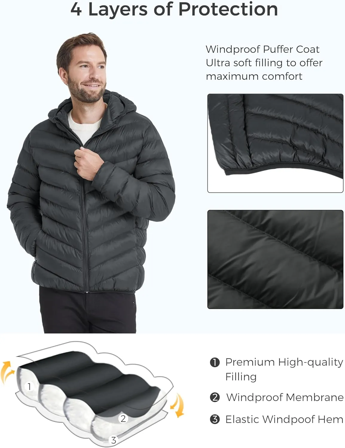 ZSHOW Men's Packable Puffer Jacket Hooded Lightweight Winter Coat for Travel Outdoor Hiking