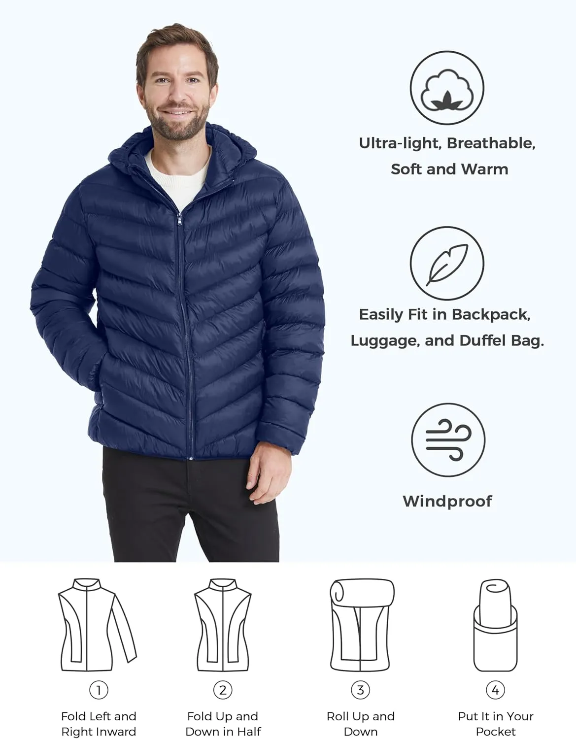 ZSHOW Men's Packable Puffer Jacket Hooded Lightweight Winter Coat for Travel Outdoor Hiking