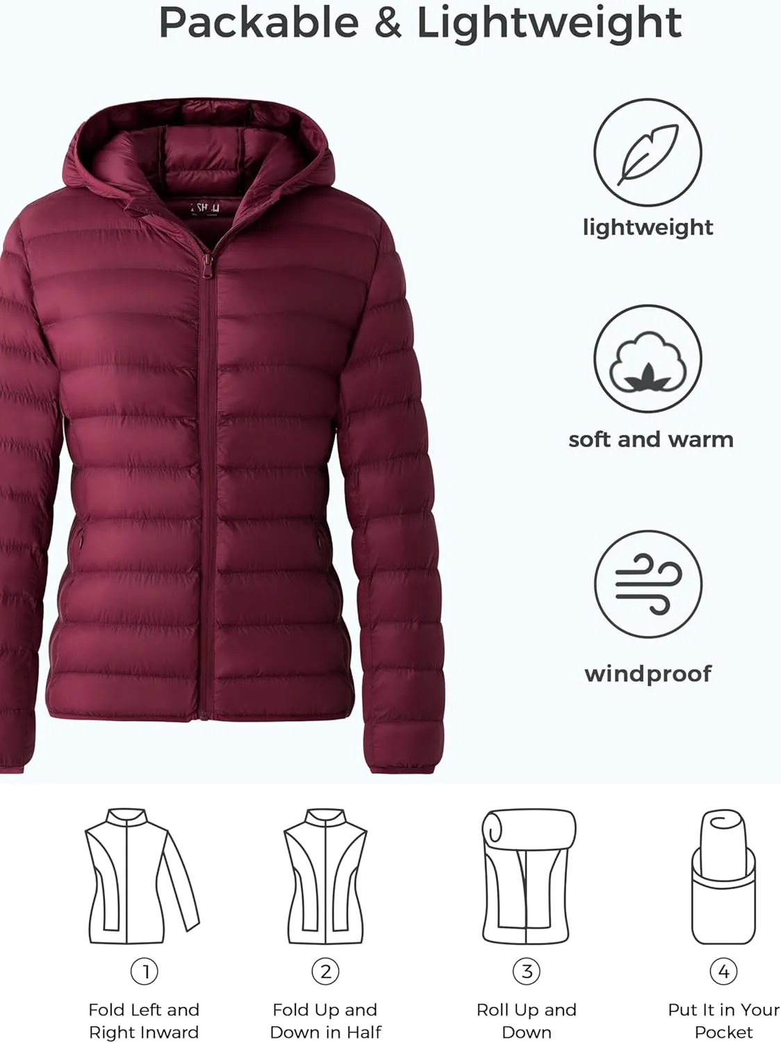 ZSHOW Women's Packable Puffer Jacket Warm Hooded Lightweight Winter Coat